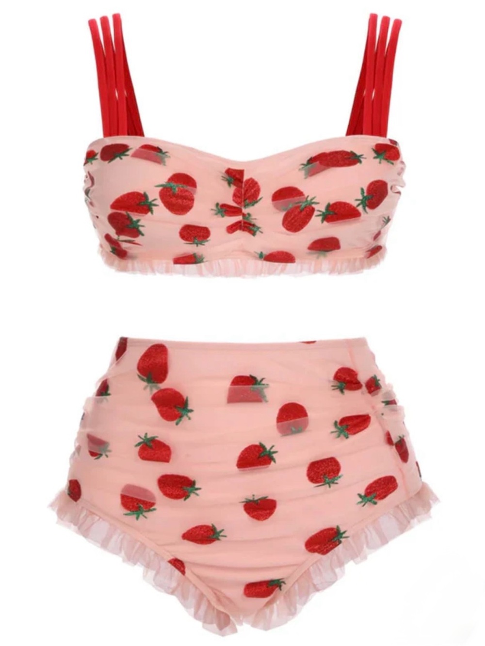 Retro Stage Pink Strawberry Print Swim Bikini Set